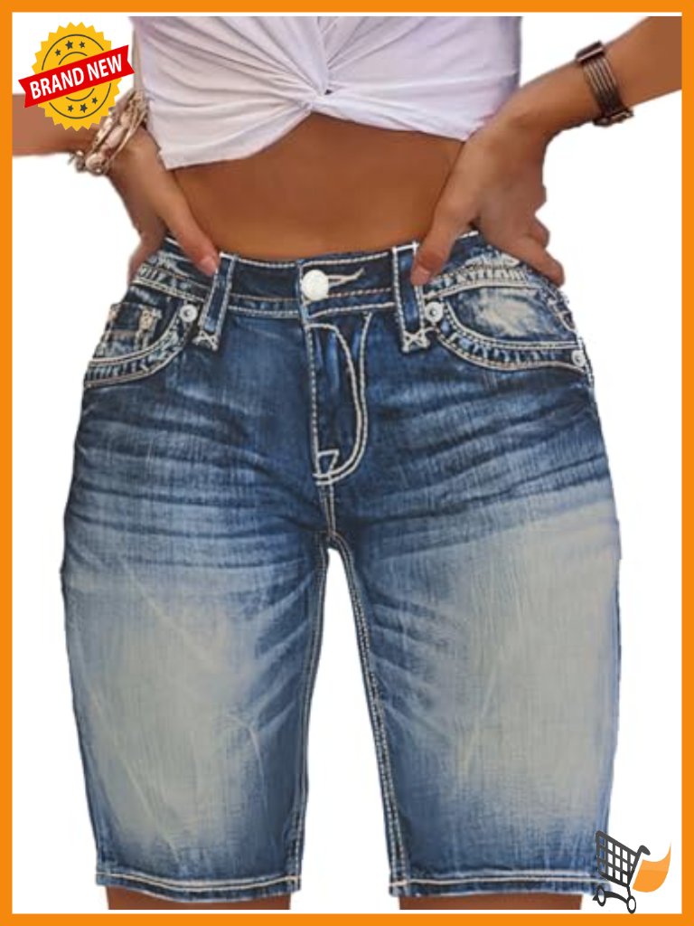 Mid Rise Button Fly Ripped Denim Shorts High Stretch Relaxed Fit 4 Pockets